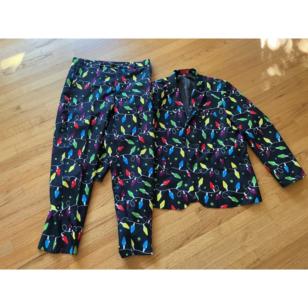 OppoSuits Christmas Lights Suit Mens L Black Festive Holiday 2-Piece Excellent